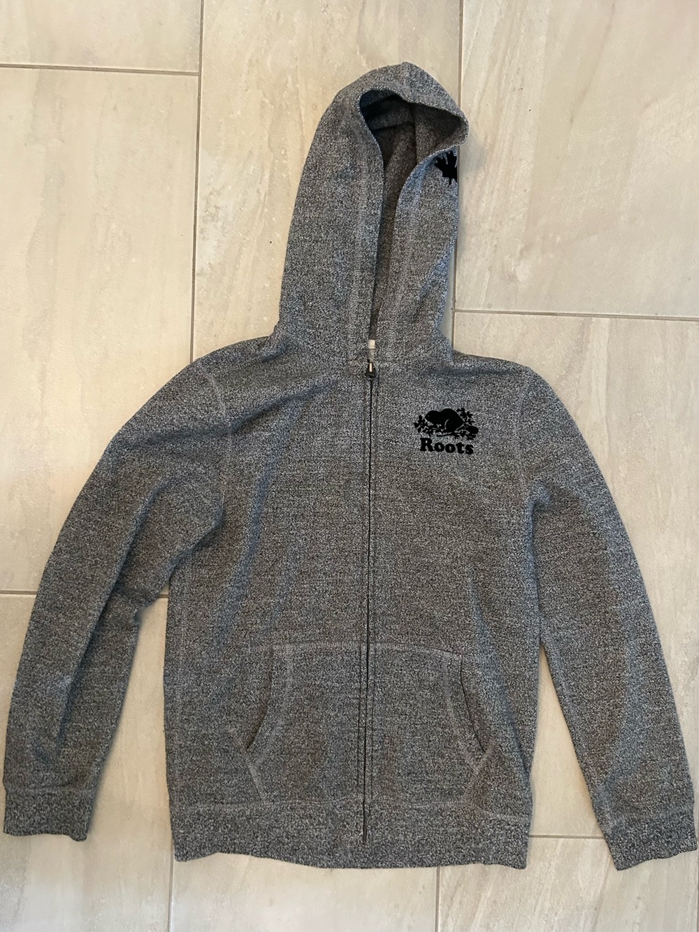 Kids Roots Grey Heather Full-Zip Hoodie with Black Logo Salt and Pepper Style